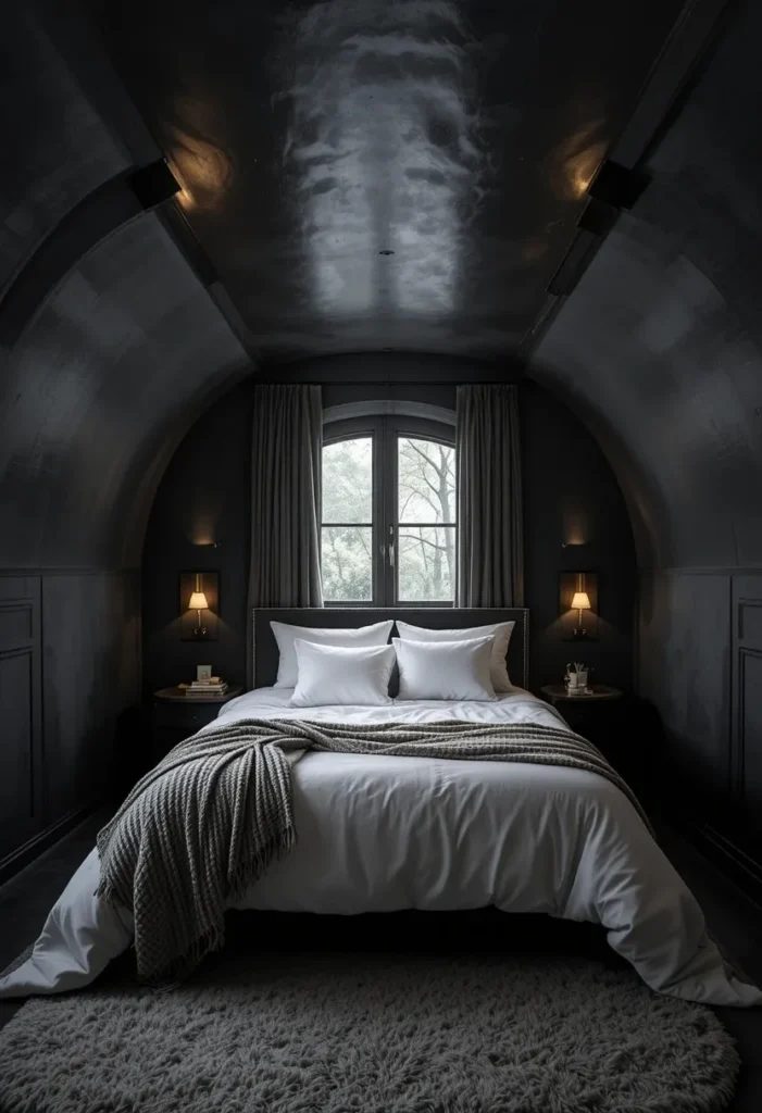 Moody bedroom fully wrapped in black walls with warm lighting and soft bedding