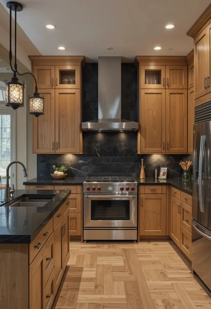 Hickory kitchen cabinets paired with sleek black countertops for a bold contrast.