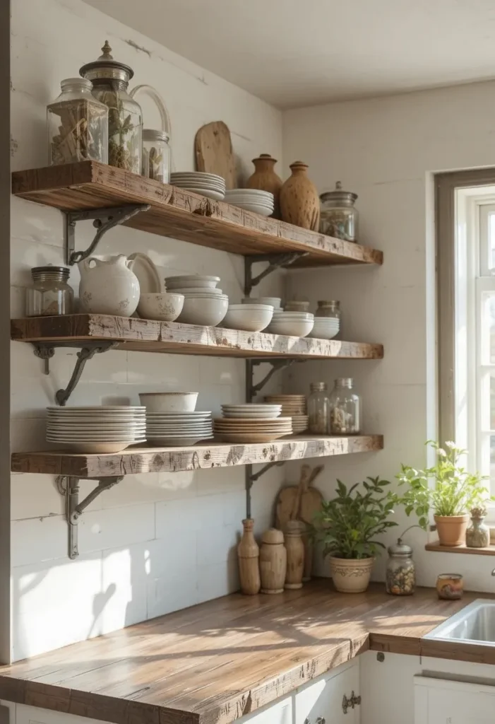 Rustic reclaimed wood floating shelves adding character to a kitchen.