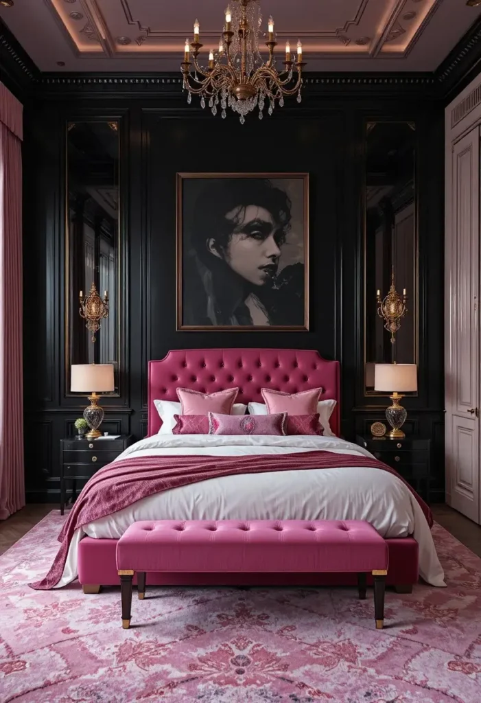 Bedroom featuring hot pink velvet furniture against dramatic black walls.
