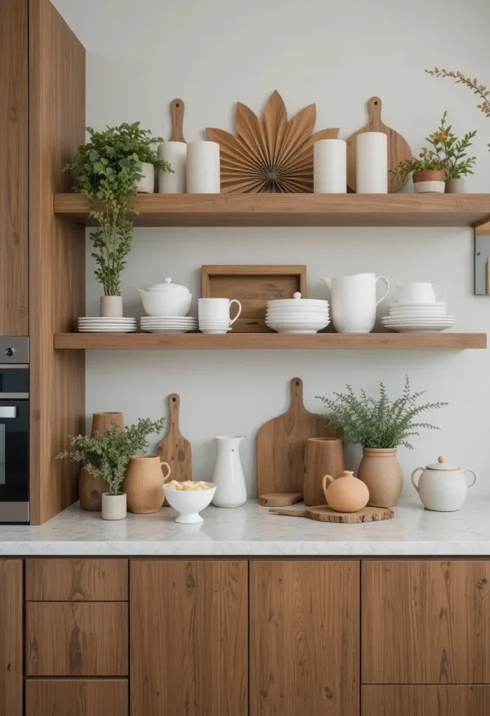 Floating kitchen shelves styled with a cohesive and curated color palette.
