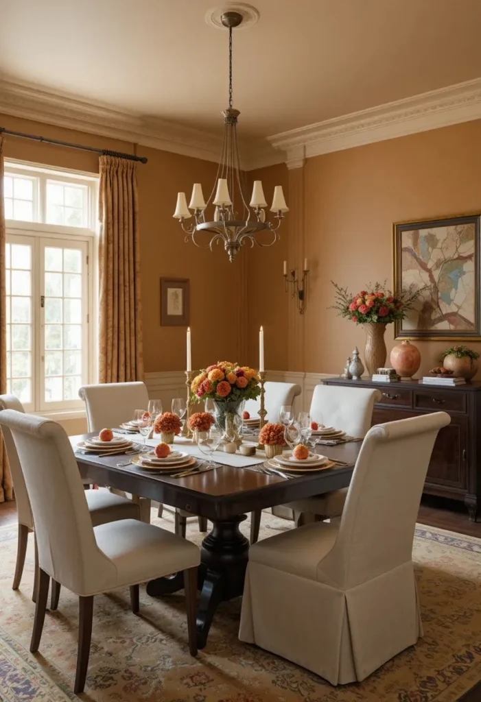Warm caramel dining room with cozy textures and elegant decor