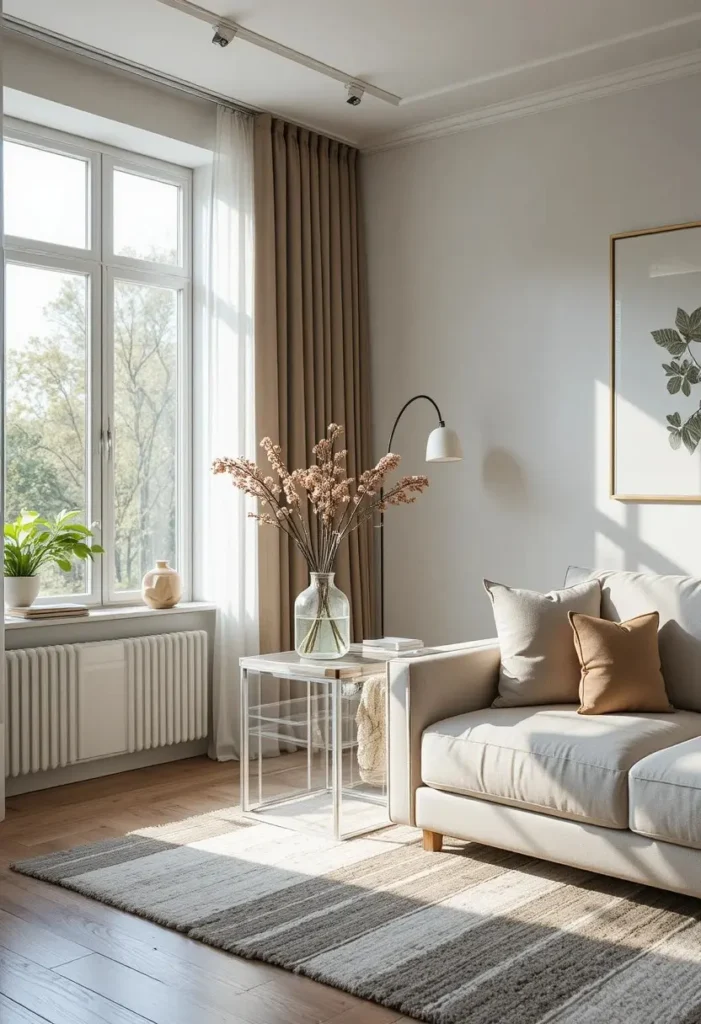 Transparent acrylic side table creating an open and spacious feel in a small living room.