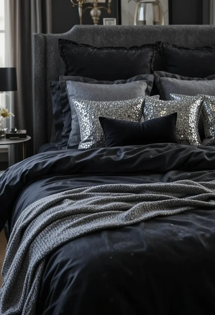 Elegant bedroom featuring a textured silver metallic wallpaper accent wall behind a black upholstered bed, crisp white bedding, reflective surfaces, shimmering light effects, glamorous interior design, realistic high-detail photography.