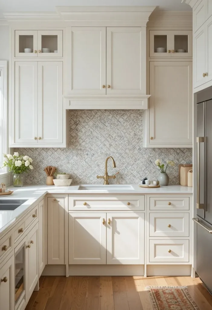 White oak kitchen cabinets with an ivory zellige tile backsplash adding artisan warmth and texture.