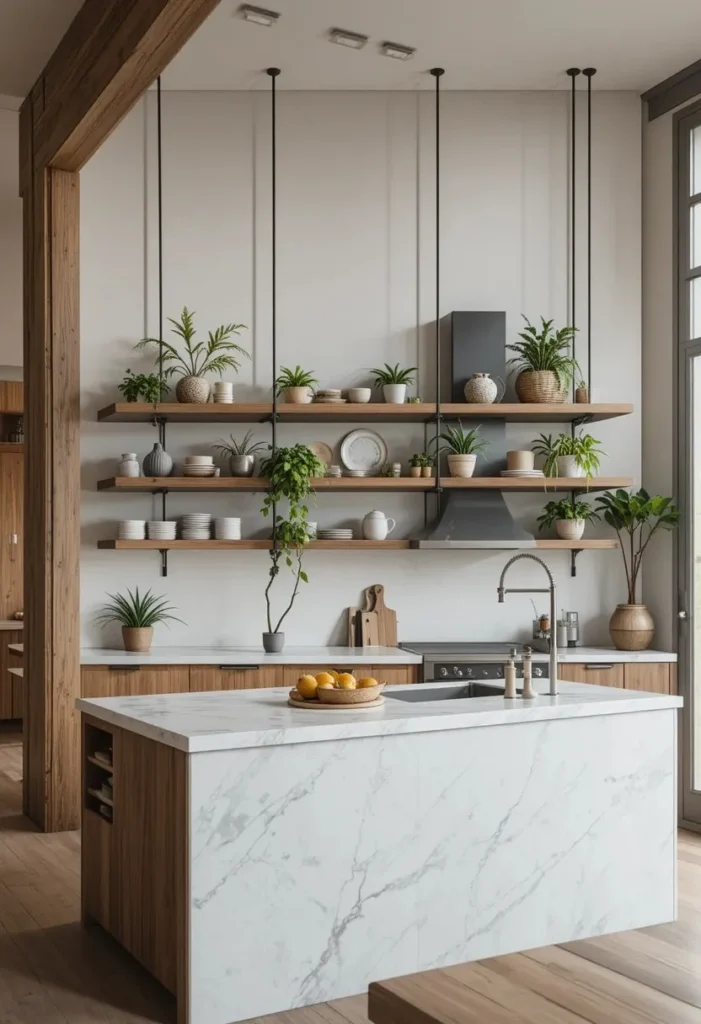 Suspended overhead shelving above a kitchen island in a one wall kitchen.
