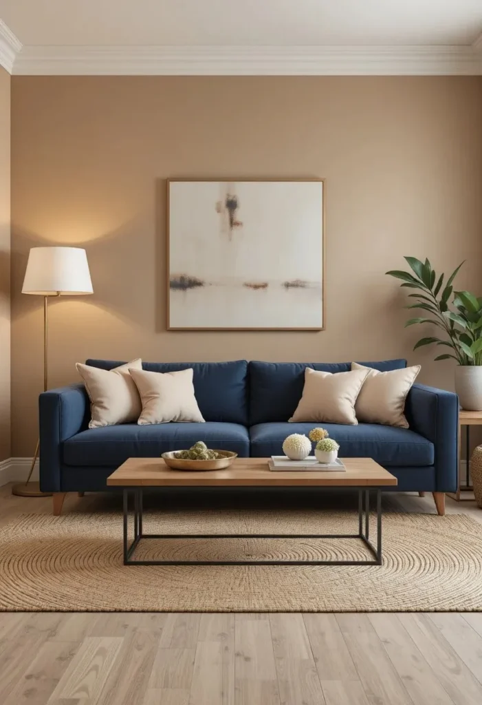 Navy blue couch styled with warm neutral walls, brass accents, and natural textures.