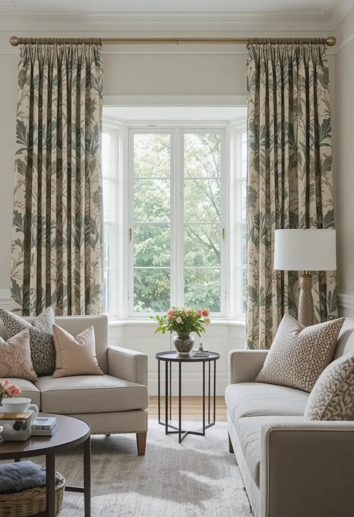 Bold patterned curtains serving as a focal point in a neutral living room.