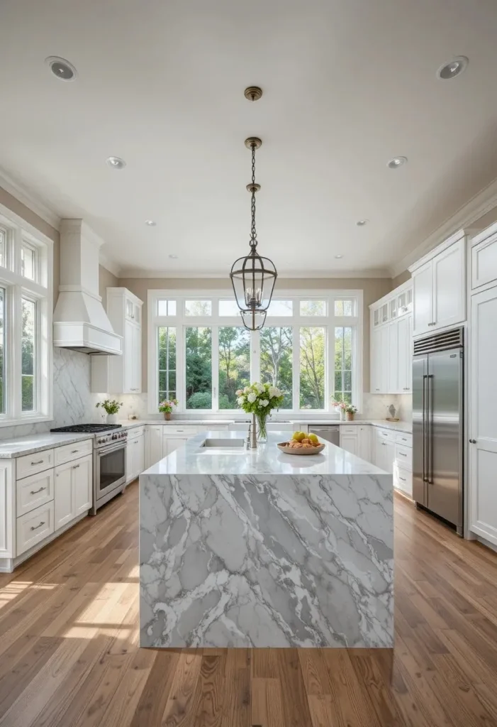 U shaped kitchen featuring a stunning waterfall quartz island with white cabinets and warm wood flooring.