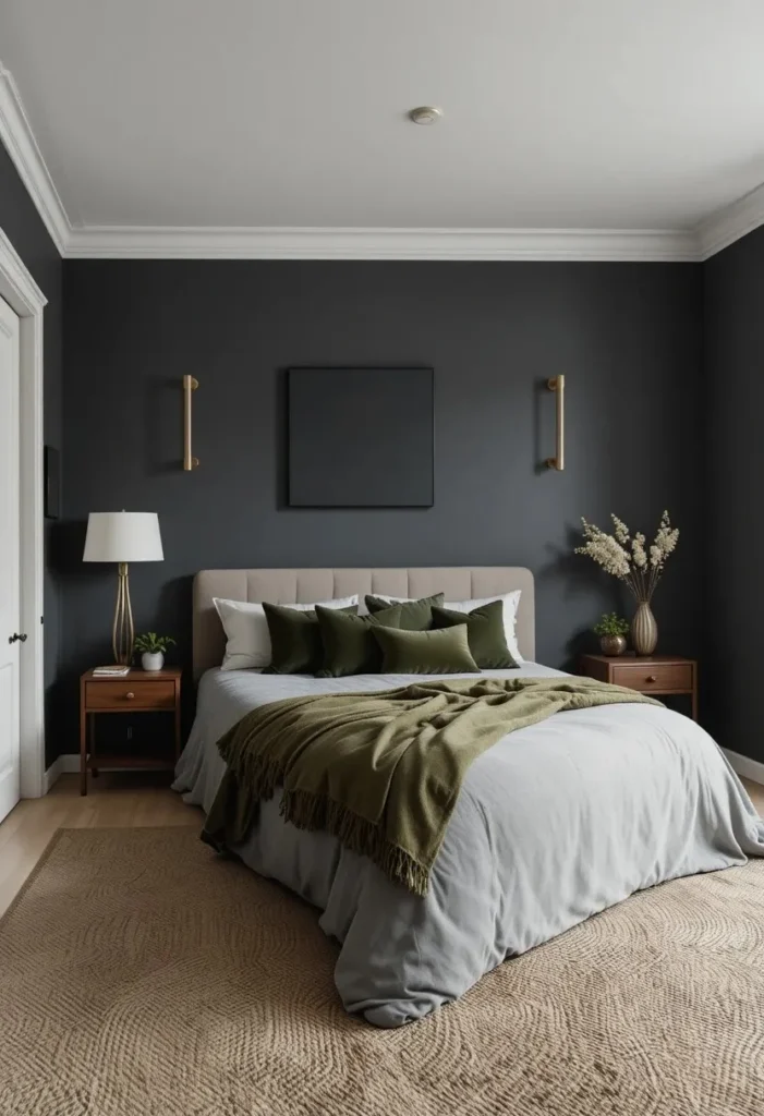 Dark gray bedroom paired with forest green accents for a moody nature-inspired retreat.