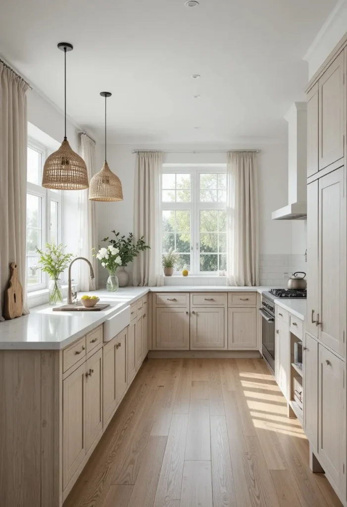 Limewashed white oak kitchen cabinets creating a light Scandinavian-inspired kitchen.