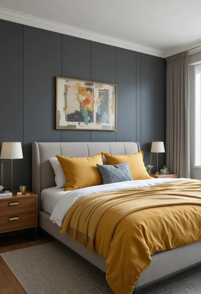 Yellow and gray bedroom combining cozy warmth with modern sophistication.