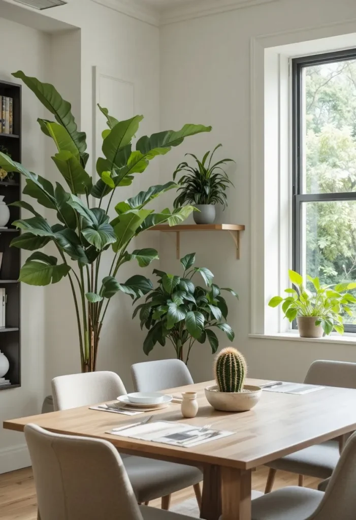 Modern dining room decorated with layered indoor plants including a fiddle leaf fig and pothos.