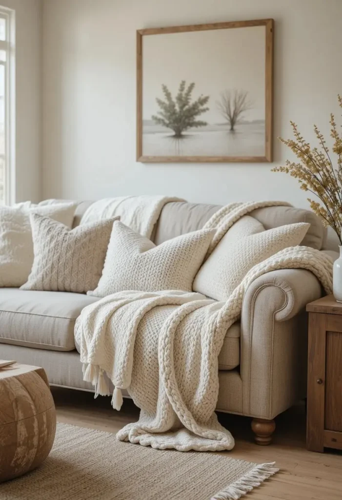 Farmhouse sofa layered with chunky knit and linen throws for a cozy lived-in look.