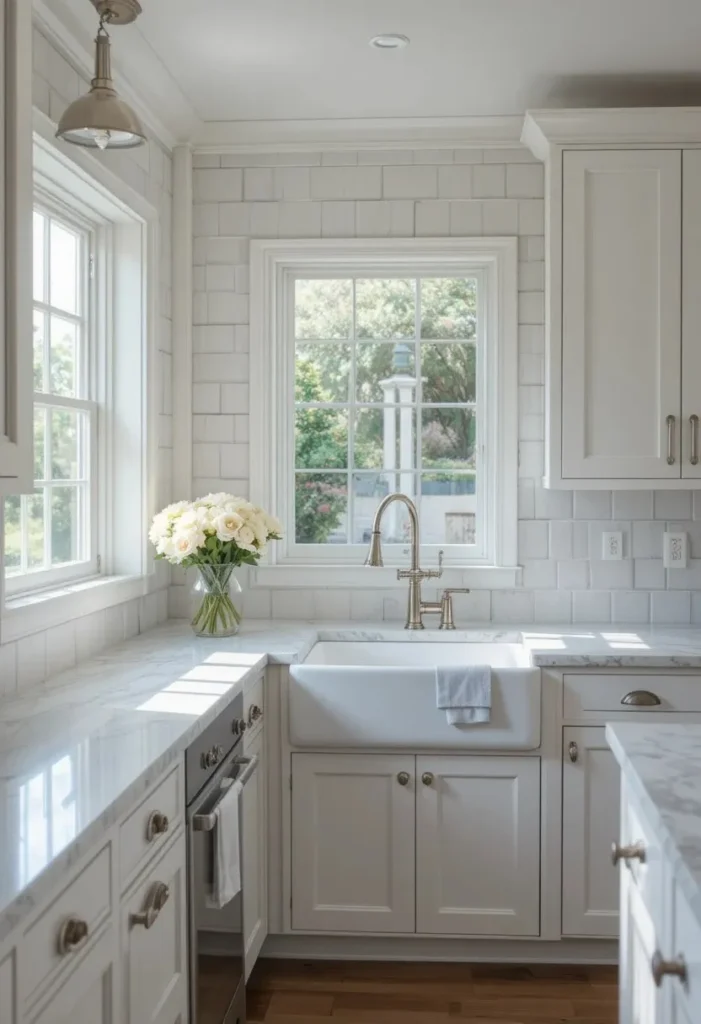 White beadboard backsplash kitchen with white cabinets and farmhouse sink creating a bright timeless cottage look.
