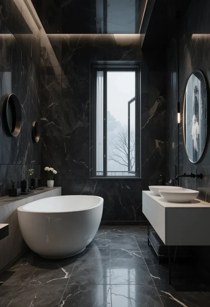 Bathroom with charcoal walls and bright white fixtures creating dramatic contrast.