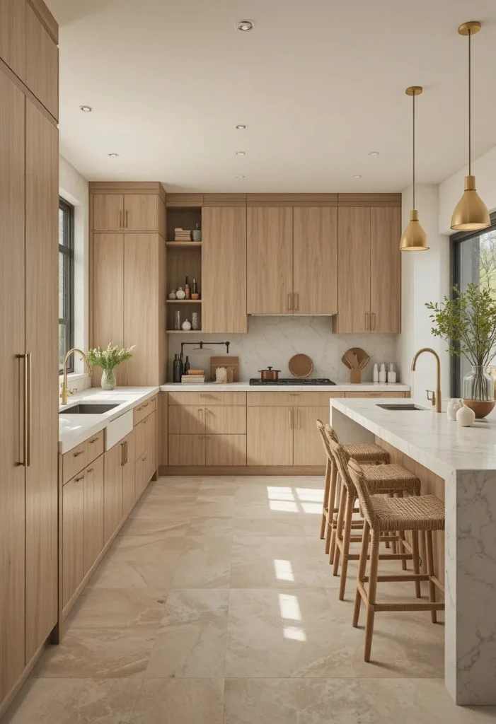 White oak kitchen cabinets paired with natural stone flooring for a warm, timeless, and organic kitchen.