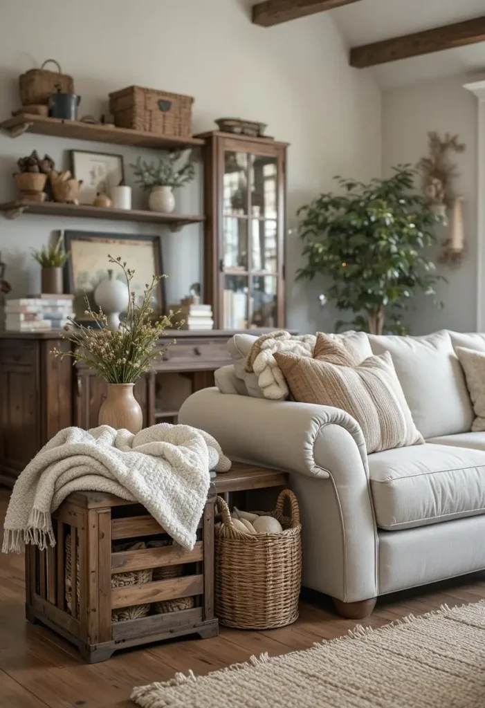 Wooden crates and baskets used as rustic farmhouse storage and decor.