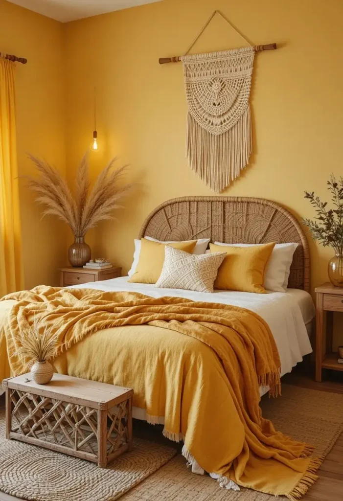 Boho yellow bedroom with rattan furniture, macramé decor, and warm layered textures.