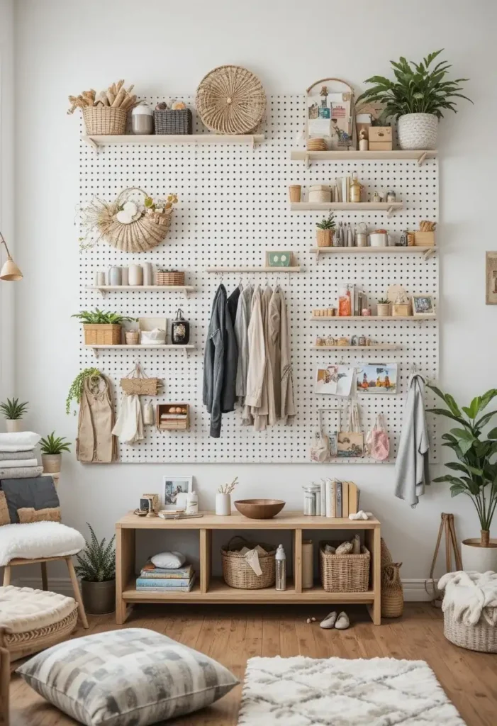 Wall-mounted pegboard organizer displaying toys and craft supplies in an organized way.