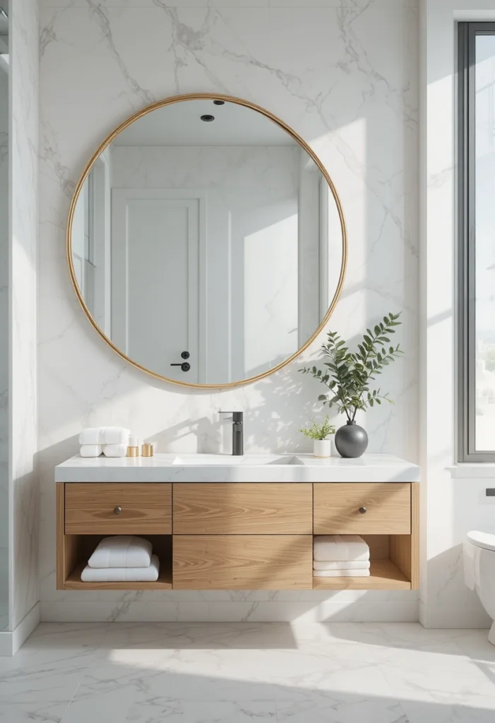 Oversized round brass bathroom mirror above a floating oak vanity creating a bright and luxurious modern bathroom.