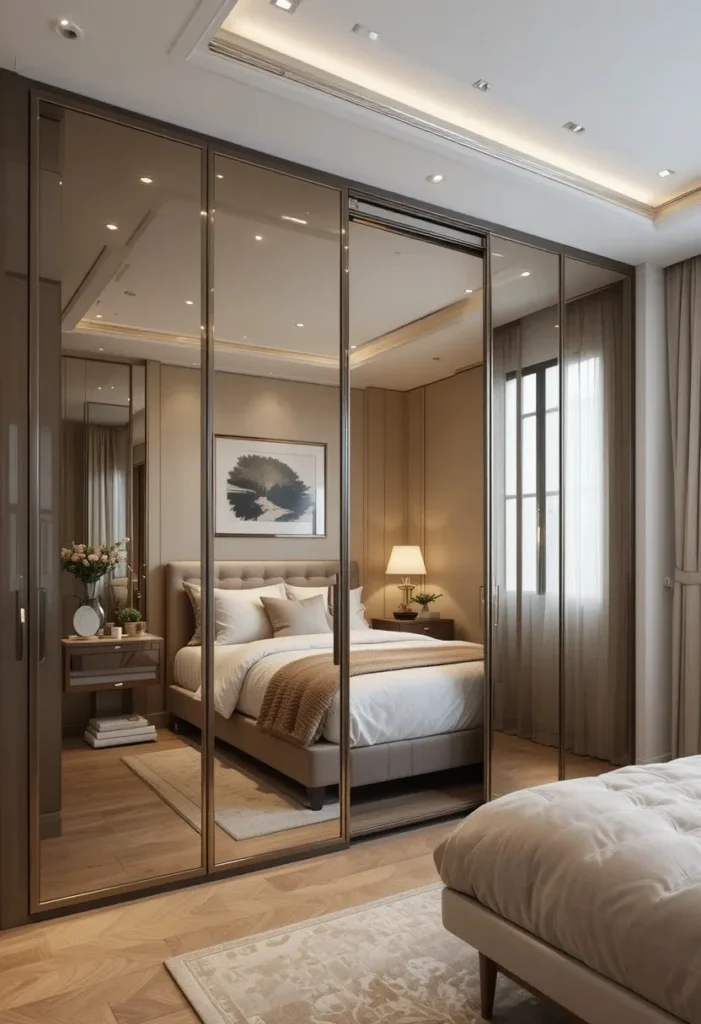 Murphy bed concealed behind mirrored doors that make the room feel larger.
