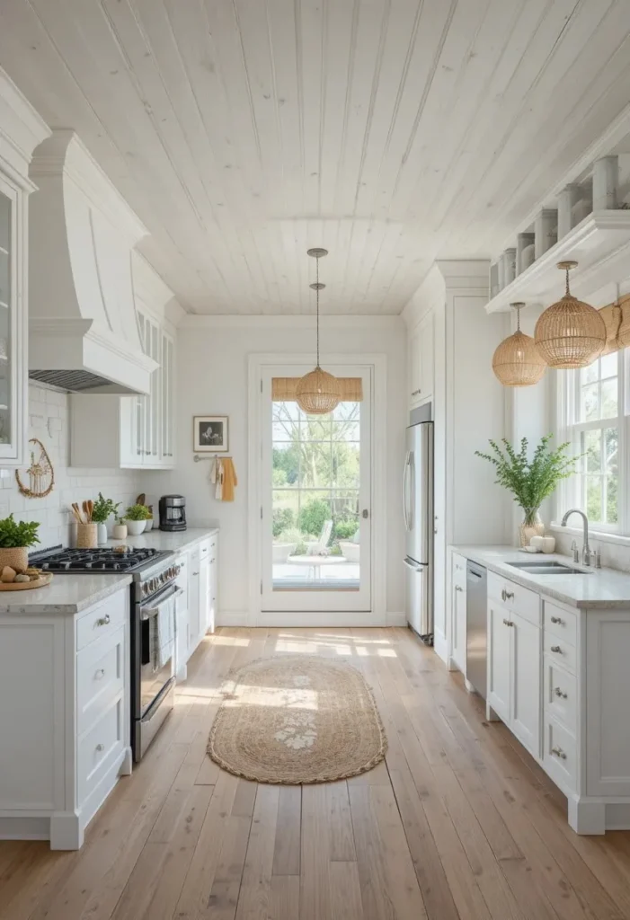White tongue and groove ceiling adding coastal charm to a kitchen.