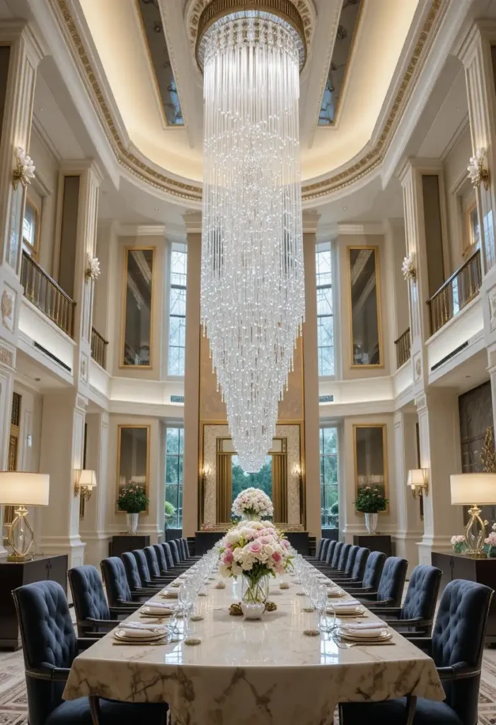 Crystal waterfall chandelier creating a dramatic focal point in a luxury dining room.