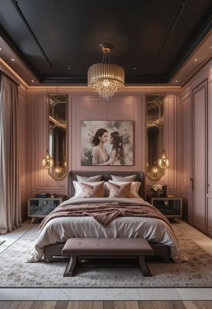 Bedroom with a dramatic matte black ceiling and blush pink walls.