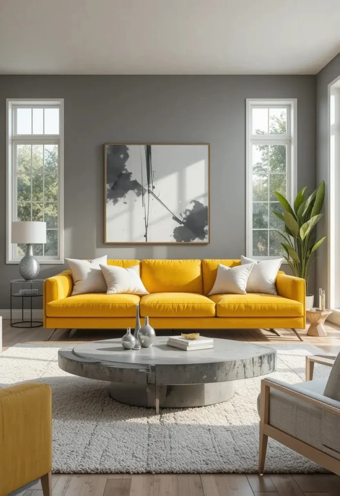Yellow couch styled against warm grey walls with modern decor and soft natural lighting.