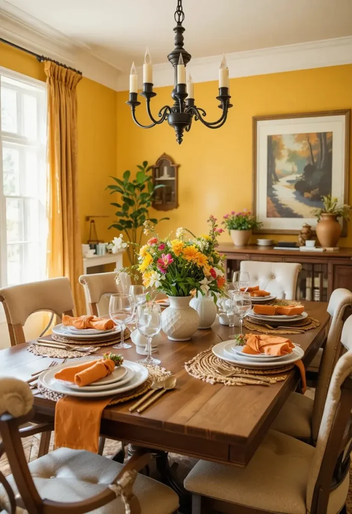 Mustard yellow dining room with warm wood furniture and sunny atmosphere