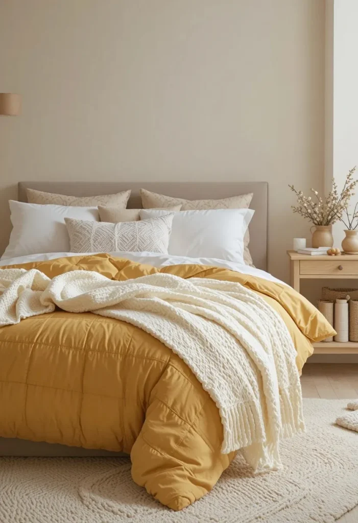 Mustard yellow bedding bringing warmth and color to a neutral bedroom.