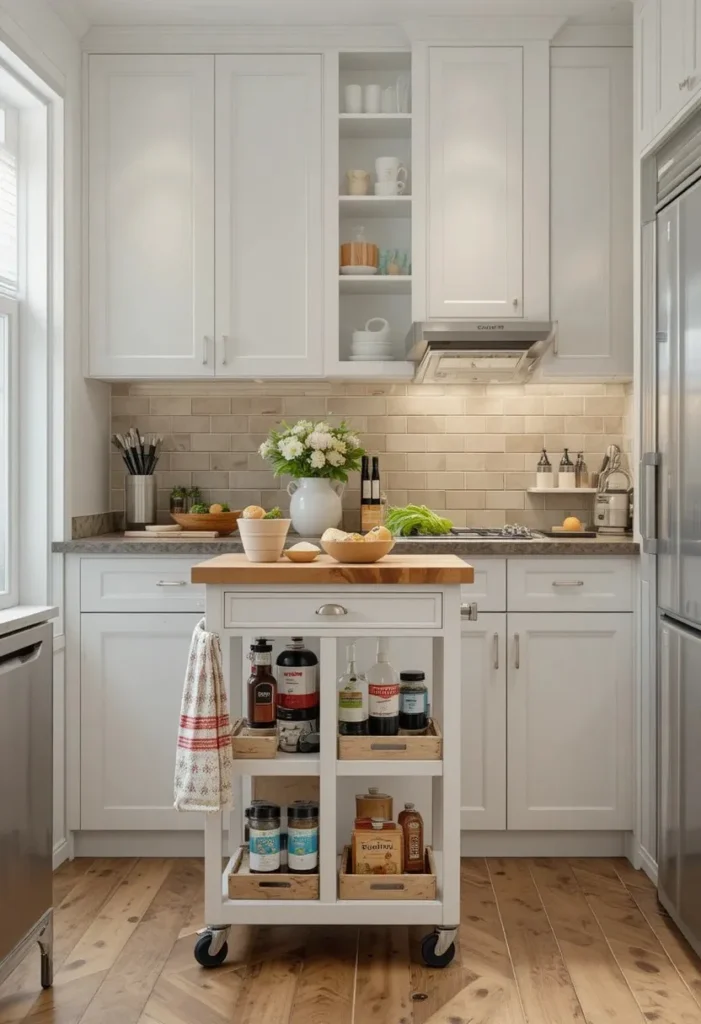 Rolling kitchen cart providing extra prep and storage space in a small kitchen.