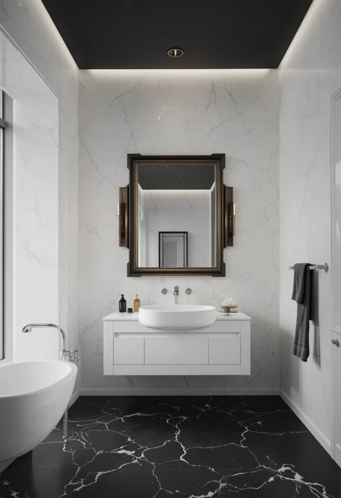 Bathroom featuring a bold black ceiling contrasted by white walls.