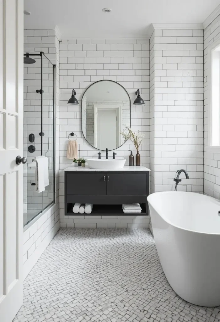 White hexagon mosaic bathroom floor tiles with subtle gray grout.