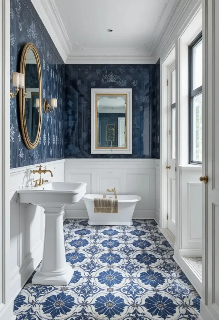 Navy blue patterned encaustic floor tiles in a dramatic bathroom.