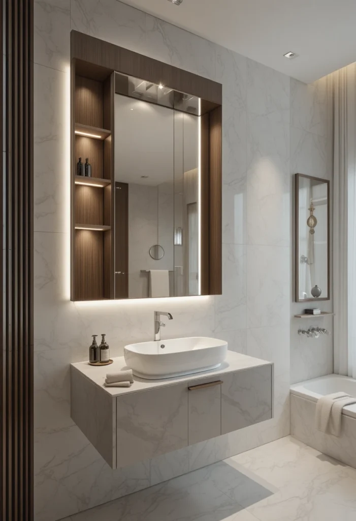 Recessed mirrored medicine cabinet with hidden illuminated bathroom storage.