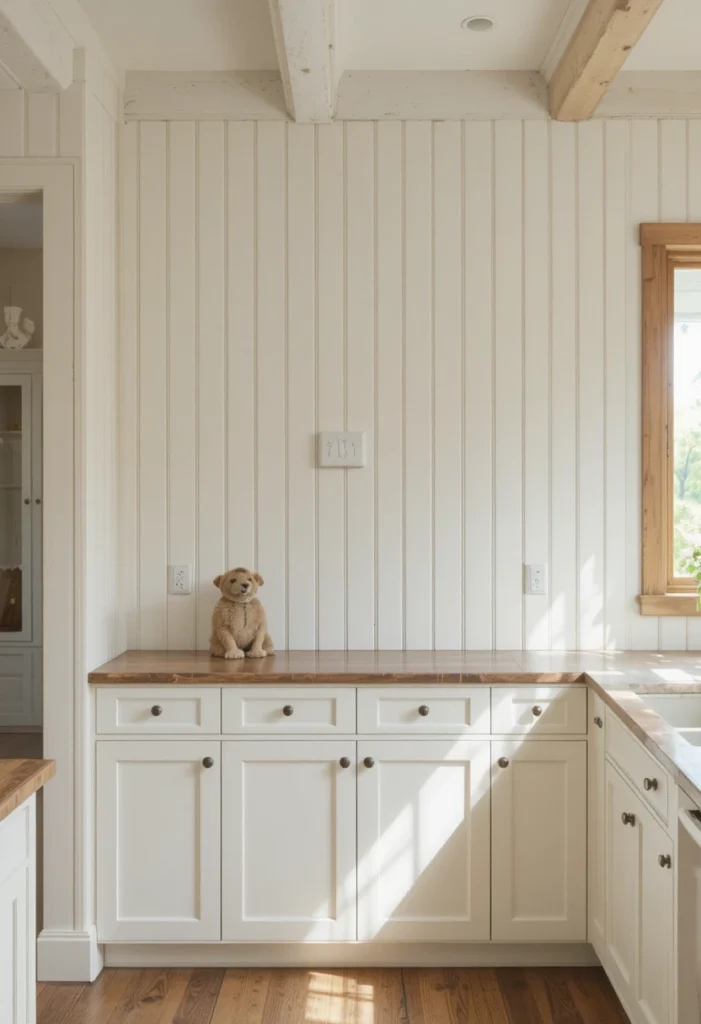 Layered beadboard and shiplap wall design adding texture and charm to a farmhouse kitchen.