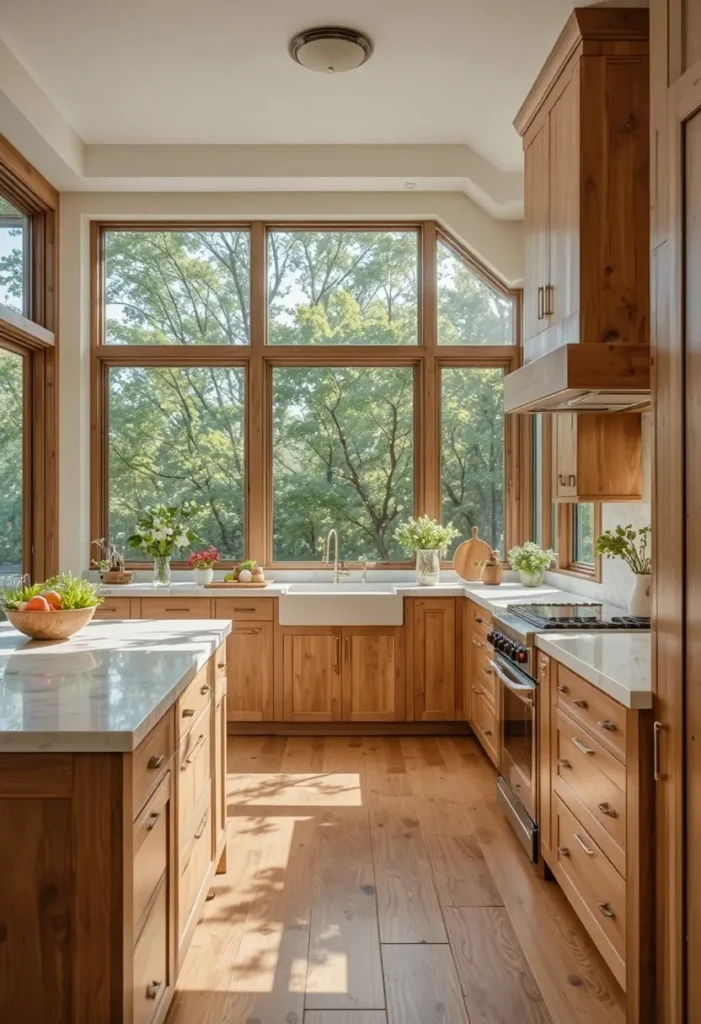 Natural unstained hickory kitchen cabinets showcasing rich wood grain and warm honey tones.