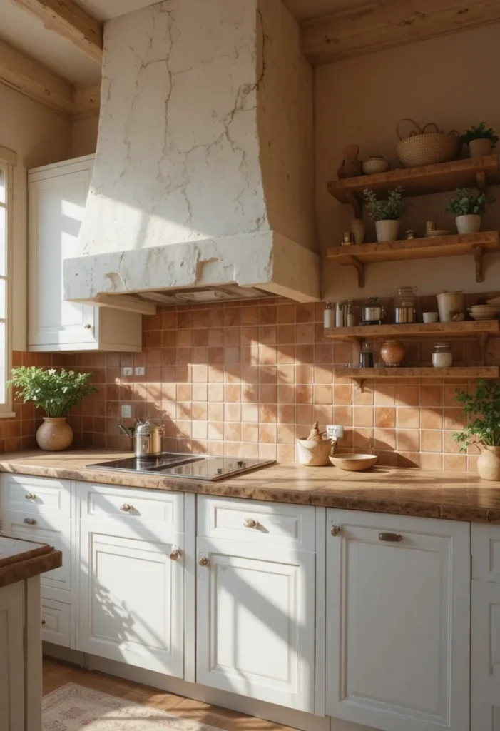 Warm terracotta tile backsplash in a Mediterranean-style kitch