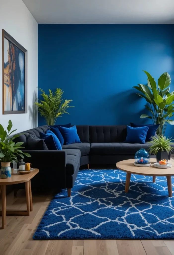 Black couch highlighted by bold cobalt blue accents and decor.
