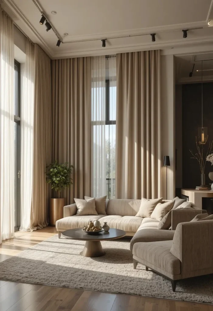 Floor-to-ceiling curtains creating a flexible divider between living and dining areas.