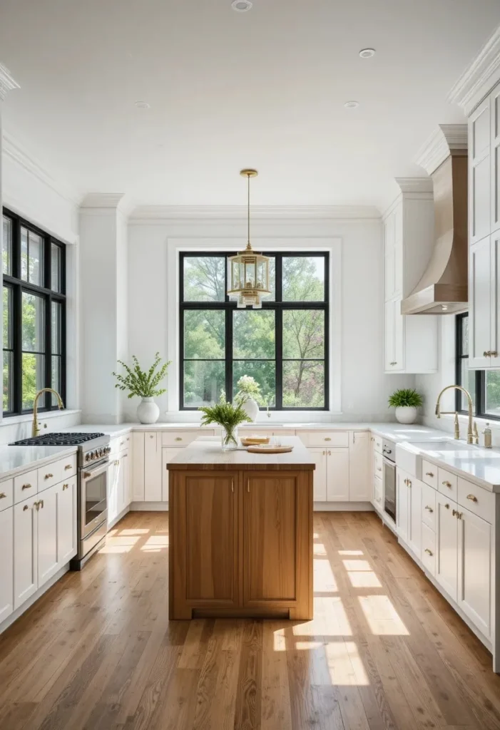 White L-shaped kitchen with a warm butcher block island and bright farmhouse-inspired design.