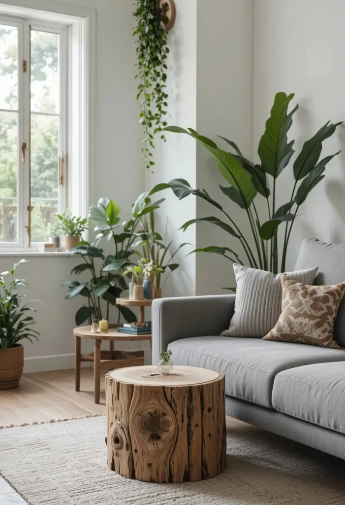 Natural tree stump side table adding organic beauty and texture to a living room.