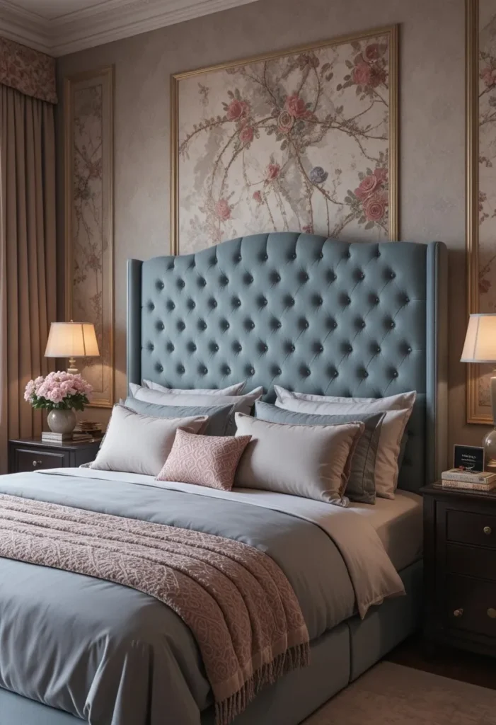 Luxurious bedroom with a dusty blue velvet headboard and soft bedding