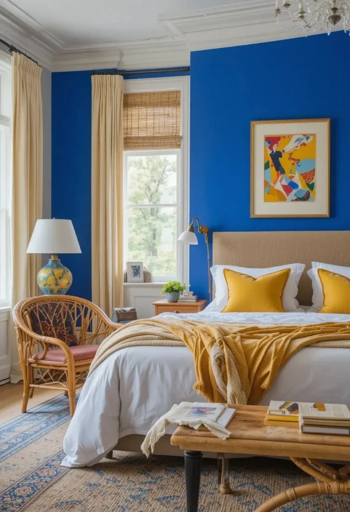 Cobalt blue accent wall creating a vibrant and stylish bedroom focal point.