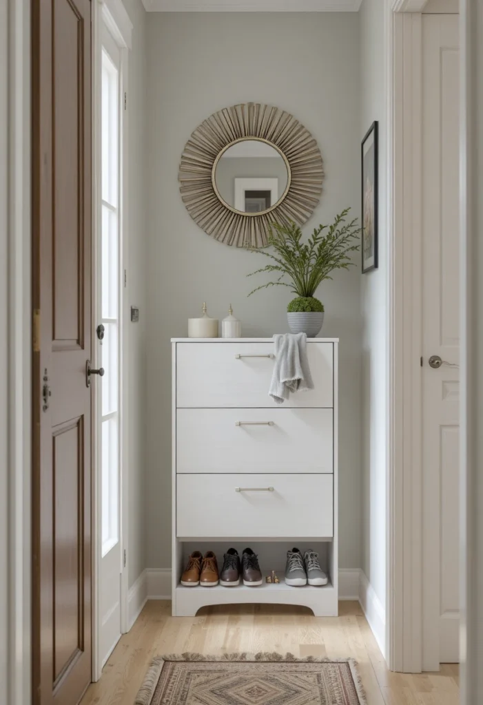 Slim shoe cabinet maximizing storage in a narrow hallway.