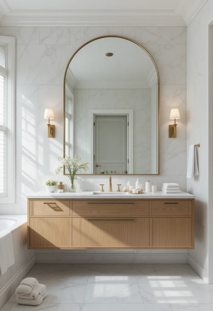 Large arched statement mirror above an oak vanity in a bright white bathroom.