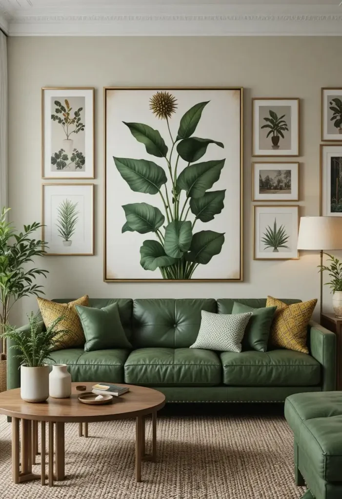 Green leather couch with botanical wall art creating a cohesive living room design.