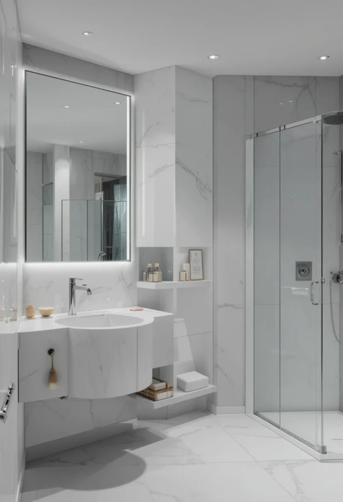 Minimalist white bathroom with hidden storage and sleek design